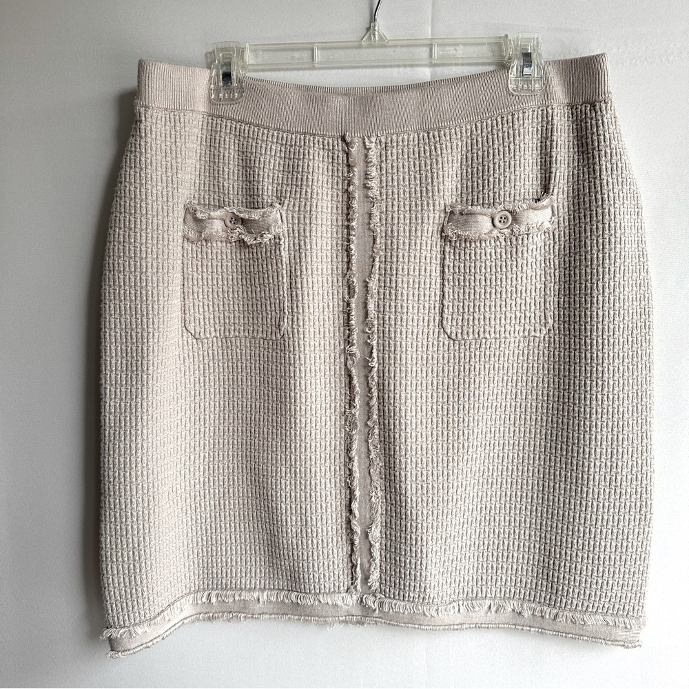 Adrianna Papell Fringe Trim Tweed Mini Skirt XL Beige